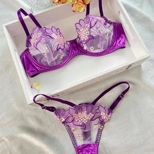 Ensemble deux pièces de lingerie transparente en dentelle brodée sexy pour femmes, soutien-gorge push-up fin pour poitrines généreuses, maintien léger - Product Image 3