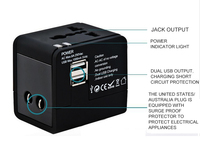 AU US UK EU convertisseur Plug All in One Adaptateur de prise internationale universel 2 ports USB Adaptateur de chargeur secteur de voyage mondial