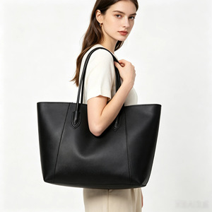 Sac fourre-tout minimaliste en cuir véritable noir, ouvert en dessus, grande capacité, sac à bandoulière quotidien pour femmes, toutes saisons - Product Image 6