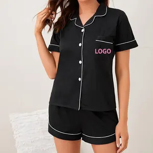 Custom Logo Embroidered Bamboo Cotton Summer Ladies Short - Sleeved Tops And Shorts Modal Womens Pajamas Suit Home Wear
