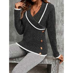 Cardigan blanc à col en V, boutonné devant, à manches longues, en tricot, vêtements décontractés pour femmes - Product Image 2