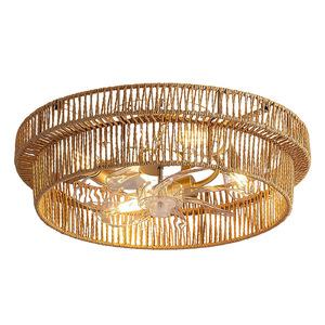 Rustic Woven <b>Ceiling</b> Fan <b>Light</b> With 3 Blades Ac Motor <b>Remote</b> <b>Control</b> Flush Mount Led Lighting For Living Room Bedroom - Product Image 5
