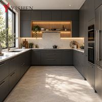 Meubles de cuisine en contreplaqué, grain de bois, îlot de rangement modulaire de luxe, armoires de cuisine avec styles de portes et finitions personnalisés
