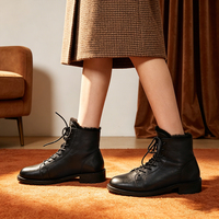 Nouvelles bottines à lacets pour femmes, en cuir véritable noir, bottines courtes avec fourrure, chaussures d'hiver chaudes pour femmes