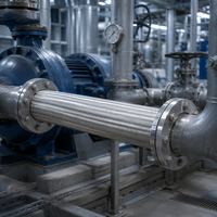 Ensemble de tuyau métallique flexible tressé avec extrémités à bride pour la connexion de conduites industrielles.
