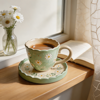 Ensemble tasse et soucoupe en céramique peinte à la main, motif marguerite pastorale, 300 ml, bord festonné à la française, coffret cadeau pour le thé de l'après-midi