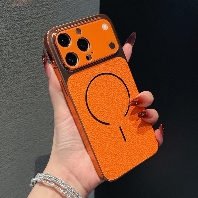 For 16 Pro 15 Pro 14 13 PM Magnetic Embossing Litchi Pattern Protective Shell Mobile Phone Case