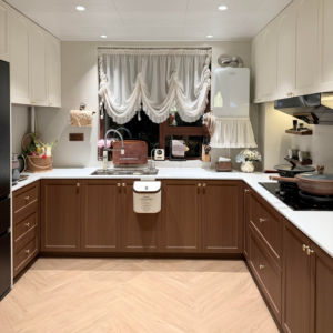 Armoires de <span class=keywords><strong>cuisine</strong></span> modernes à la française <span class=keywords><strong>Rideau</strong></span> vintage en bois bicolore blanc et brun Rangement suffisant comprenant des accessoires de charnière de robinet - Product Image 2