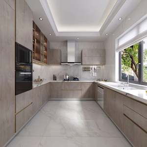 Diseño de Gabinetes de Cocina Modulares de Melamina con Textura de Madera Oscura en Forma de L y U, Diseño Moderno sin Tiradores - Product Image 2