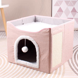 Mode Katzen betten Großes Indoor <span class=keywords><strong>Cat</strong></span> Cave Haustier bett mit flauschigem Ball & Scratch Pad Solid Pattern Wildleder Faltbares Versteck für Katzen - Product Image 4
