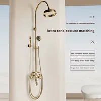 Ensemble de douche rétro style français avec barre coulissante, jet pluie, fixation murale, cartouche céramique, robinet de douche intégré doré pour salle de bain