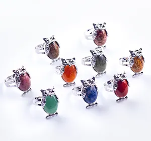 Wholesale Owl Adjustable Natural Stone Rings Healing Crystal Couple Ring For Men Women Animals Jewelry Rings Rose Quartz