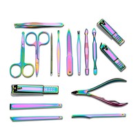 Ensemble de manucure et pédicure en acier inoxydable arc-en-ciel, 16 pièces, étui en cuir portable, kit de coupe-ongles, outils de soin des ongles pour la maison, les voyages, cadeau