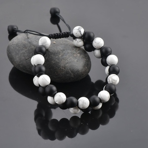 Pulsera hecha a mano con cuentas de moda de estilo moderno, howlita blanca, negro mate, ónix, piedra Natural, forma de bola ajustable con ágata - Product Image 6
