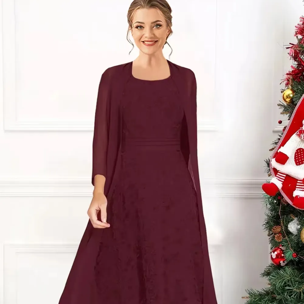 Mumuleo Плюс Размер мама невесты формальное бордовое рождественское шифоновое Кружевное платье миди из двух частей с жакетом вечернее платье