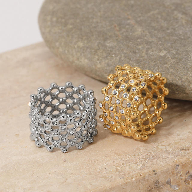 Multifunctional Geometric Honeycomb Ring With Zirconia 18k Gold Plated Stainless Steel Customizable Elegant Openwork Design