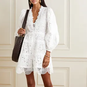 Vintage Cotton Embroidery Women Long Sleeve Pocket Luxury Boho Ruffles Lace Mini Embroidery Bud Casual White Linen Dress
