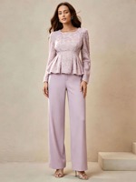 RO9281 Ensemble de vêtements islamiques élégants pour l'automne, couleur unie, dentelle, manches longues, chemisier à volants, pantalon ample, tenue modeste pour femmes, ensemble de fête ou de bureau