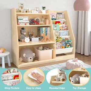 2 Tier Kids Bookshelf and <b>Book</b> Storage Organizer Wooden Toddler Sling Bookcase with Storage Boxes for Nursery Playroom Bedroom - Product Image 1