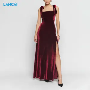 Custom Sundress Elegant Womens Dresses Plain Color Maxi com Split Design Velvet Casual Dress