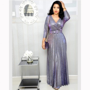Robe plissée à manches longues pour femmes, style transfrontalier Europe et États-Unis, avec ourlet doré brillant, en tissu rose vif - Product Image 2