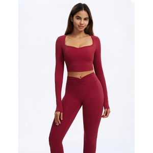 Women 2 Piece Workout <b>Set</b> <b>Square</b> Neck Long Sleeve Crop Top Tummy Control Leggings Yoga Outfits Four Way Stretch Ruched Design - Product Image 2