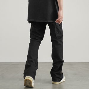 <span class=keywords><strong>Pantaloni</strong></span> Streetwear OEM <span class=keywords><strong>con</strong></span> tasca laterale <span class=keywords><strong>pantaloni</strong></span> a gamba svasata da uomo in cotone Twill personalizzato tinta unita <span class=keywords><strong>con</strong></span> Zip Patchwork nera - Product Image 3