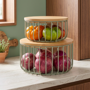 Paniers de rangement en métal à double niveau avec couvercles, récipients alimentaires ronds en acier inoxydable, organisateur de cuisine au design minimaliste - Product Image 2