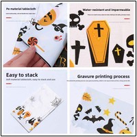Taplak Meja Minyak Dekorasi Adegan Liburan Pola Kartun Tahan Air Sekali Pakai Tema Halloween Labu Tengkorak Kelelawar Jaring Laba-laba