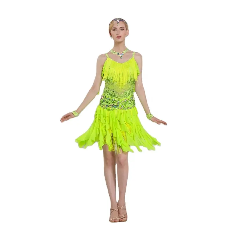 L-16158 di prestazione di ballo Latino vestito da prestazione vestito fresh fluorescente verde detriti nappa bambini vestito da ballo per adulti nuovo