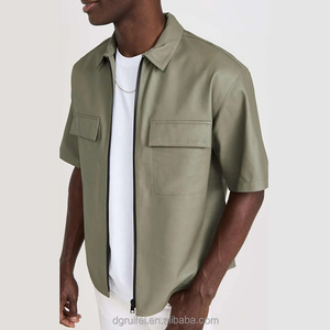 Modern Custom logo Short Sleeve Drop Shoulder Chest Pockets Hip Hop Men <strong>Cowboys</strong> Plus Size Shirts Zip up Plain Faux Leather Shirt - Product Image 2