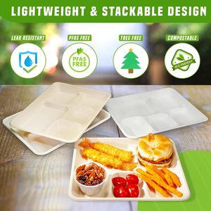 Plateau jetable biodégradable en canne à sucre naturelle, assiettes en papier à 4 compartiments, résistant au micro-ondes et au congélateur, pour restaurants - Product Image 5