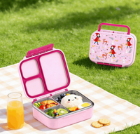 Boîte à lunch pour enfants avec couvercle rabattable, 3 compartiments, sans BPA, plateau intérieur en acier inoxydable 304, avec poignée et étiquette nominative