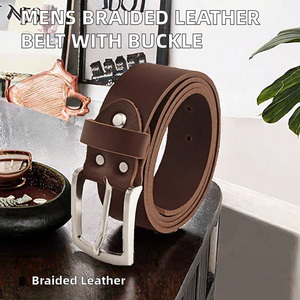 Men Cow Hide Leather Belt Minimalist Stylish Silver Buckle Casual Durable Heavy Duty <b>Braided</b> Fashion Waist <b>Accessory</b> Daily Wear - Product Image 2