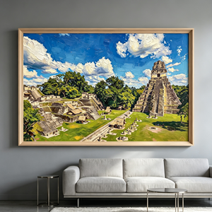 Pintura al Óleo Art Deco sobre Lienzo que Representa las Antiguas Ruinas <span class=keywords><strong>de</strong></span> <span class=keywords><strong>Tikal</strong></span>, <span class=keywords><strong>Guatemala</strong></span>. La selva tropical rodea los templos <span class=keywords><strong>de</strong></span> piedra mayas, y la luz del sol se desvanece. - Product Image 4