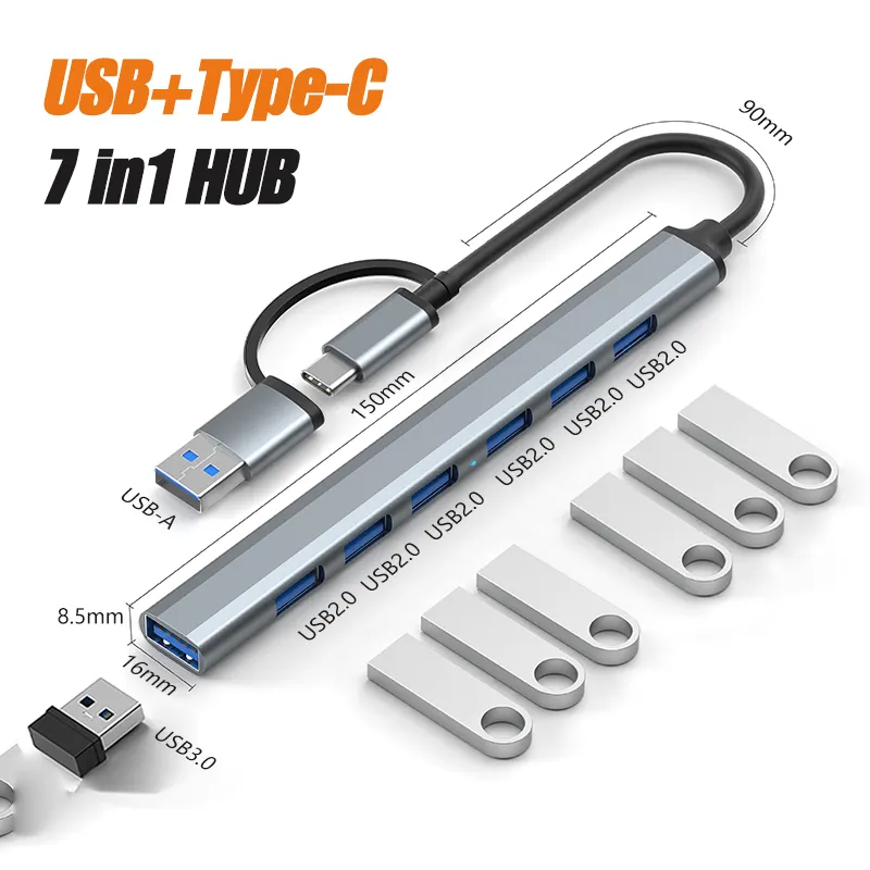 USB Hub cho máy tính xách tay 7 USB cổng USB HUB 3.0 USB Splitter USB Extender với USB Adapter áp dụng cho máy tính xách tay, iMac Pro, Macbook một