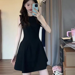 Black Strapless Fitted Waist Summer Dress For Women Casual Daily Wear Simple Solid Color Little Black Dress Short Skirt - Product Image 1