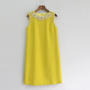 AELESEEN Robe Courte Tendance Défilé Femme Été Sans Manches Décontractée Rose Jaune Noir Perles de Luxe Broderie A-line Vacances Douceur - Product Image 1