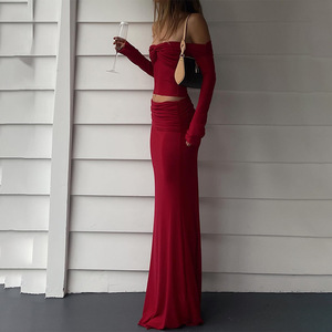 Women's Off Shoulder Long Sleeve Two Piece Dress <b>Set</b> Solid Color <b>Knitted</b> Breathable Casual Suit FDL0736 - Product Image 1