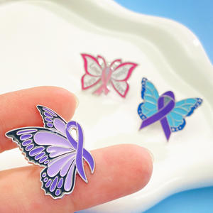 制造商珐琅粉色紫色蓝色蝴蝶丝带癌症意识胸针徽章胸针翻领针 - Product Image 3