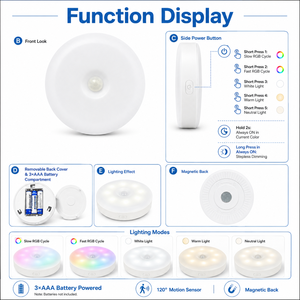 Round Motion Sensor Night <b>Light</b> RGB three-colour dimmable LED night <b>light</b> powered by battery for Bedroom Cabinet Stairway - Product Image 2