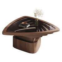 Table basse en bois massif avec verre trempé noir, design créatif, triangle creux, style moderne nordique, article de luxe léger