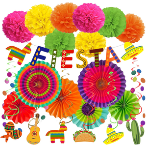 フィエスタパーティーバナー旗紙ファンホオジロ渦巻きポンポンドットGarland Mexico Taco <span class=keywords><strong>Cactus</strong></span> Pinataカップケーキトッパー装飾 - Product Image 1