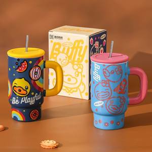 Mug en céramique Buffy avec paille, design de dessin animé jaune, tasse isotherme pour boissons chaudes et froides, coffret cadeau, tasse individuelle - Product Image 4