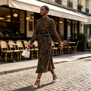 Abito Primaverile Casual con Stampa Leopardata in Poliestere, Vita Elastica, Linea A, Lunghezza Media, Gonna Plissettata, Taglie Grandi, <span class=keywords><strong>Abbigliamento</strong></span> Femminile - Product Image 4