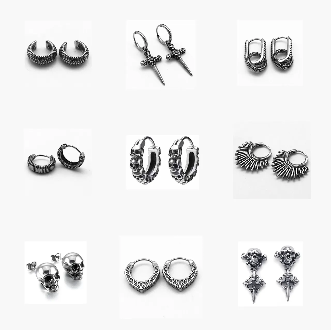 2023 Vintage Fashion Fine Jewelry Retro Skull Black Punk Cool Stainless Steel Statement Hoop Stud Earrings For Men