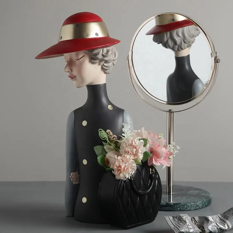 luxury Nordic girl statue sculpture decoration accessories backpack bag hat girl storage decor figurine art resin vase crafts