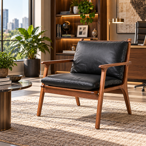 Sillón de Cuero Negro de Diseño con Estructura de Nogal Natural, Cojín de Respaldo Soportador y Estilo Contemporáneo Atemporal - Product Image 5