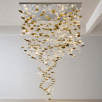 Lustre en verre cascade de luxe avec feuilles en verre doré pour plafond haut, hall, restaurant, lampe de plafond