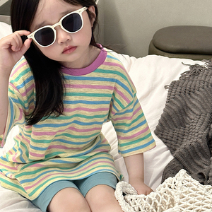 Conjunto de moda para <span class=keywords><strong>niñas</strong></span>, nuevos diseños coreanos para niños, Top de manga corta a rayas, pantalones cortos, <span class=keywords><strong>ropa</strong></span> de verano, 2023 - Product Image 3